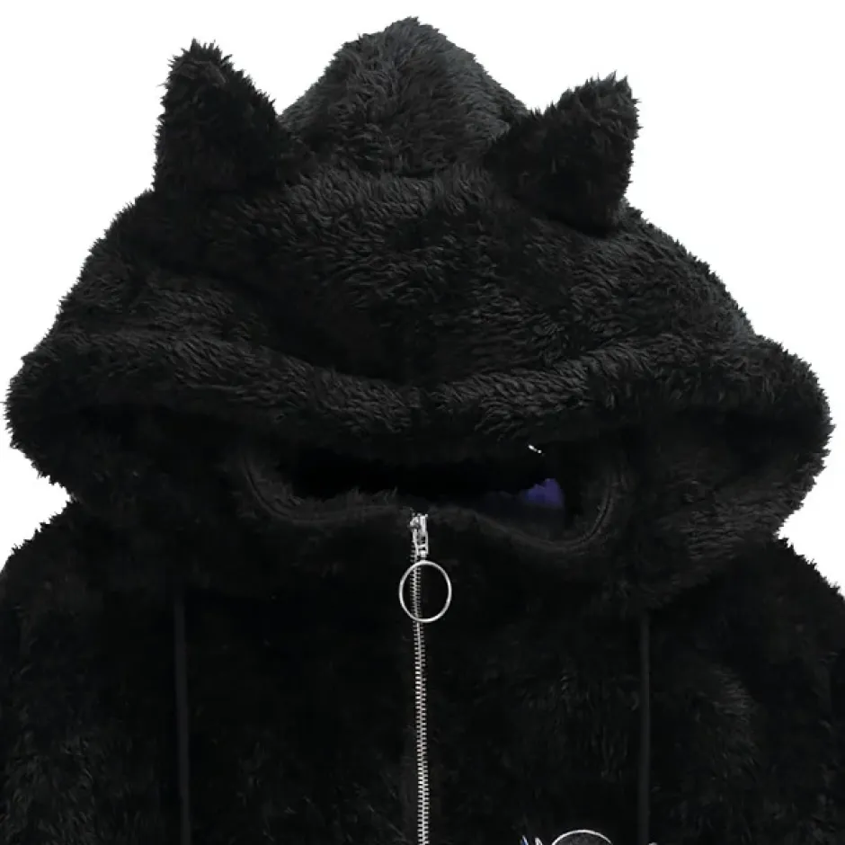 LISTEN FLAVOR Black Cat Ear Cat Paw Boa Blouson Outlet