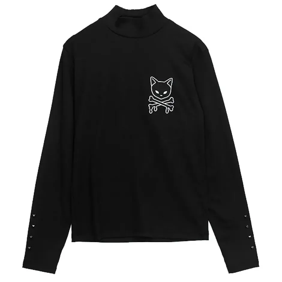 LISTEN FLAVOR Black Cat Studded Ribbed Top Best