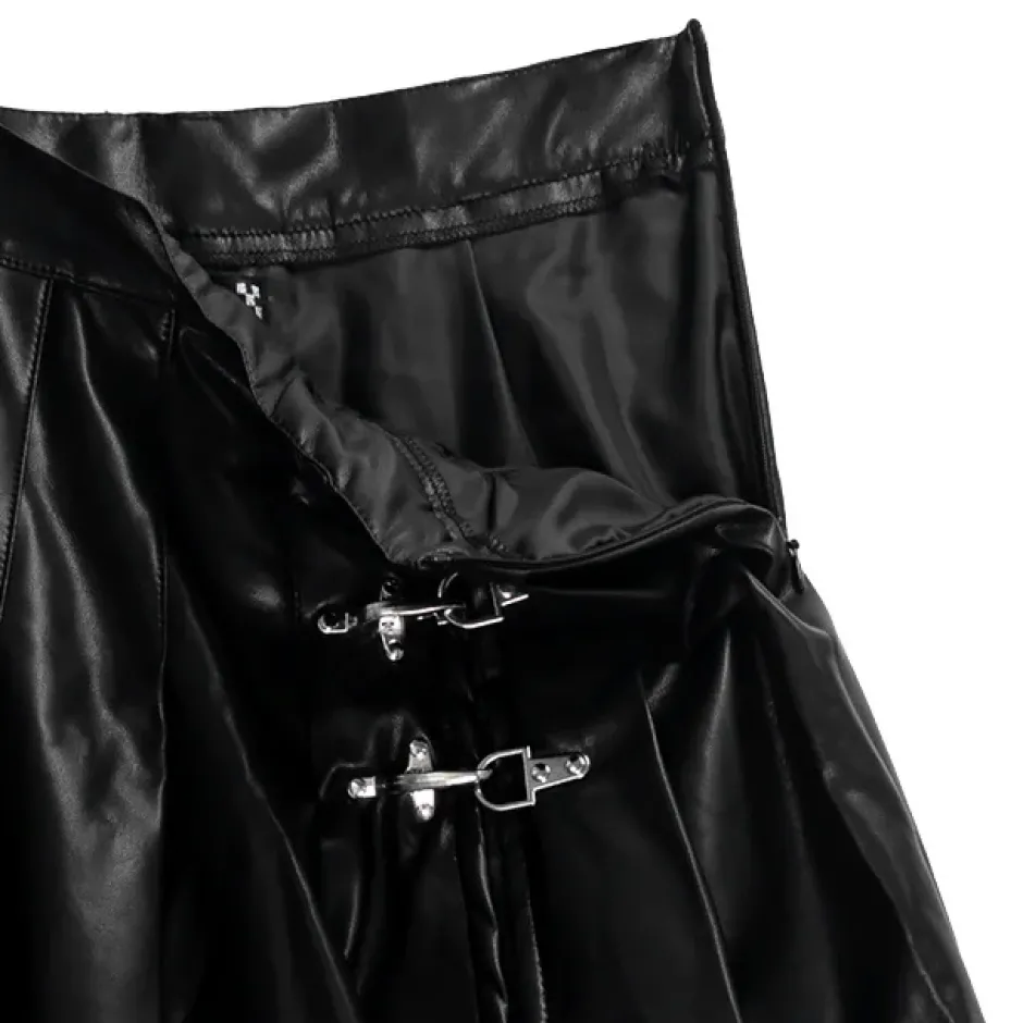 LISTEN FLAVOR Black Leather Fire Buckle Layered-Style Pleated Skirt Online
