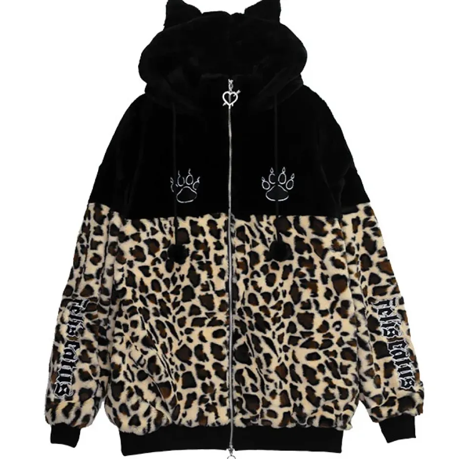 LISTEN FLAVOR Black x Leopard Cat Paw Boa Blouson Clearance