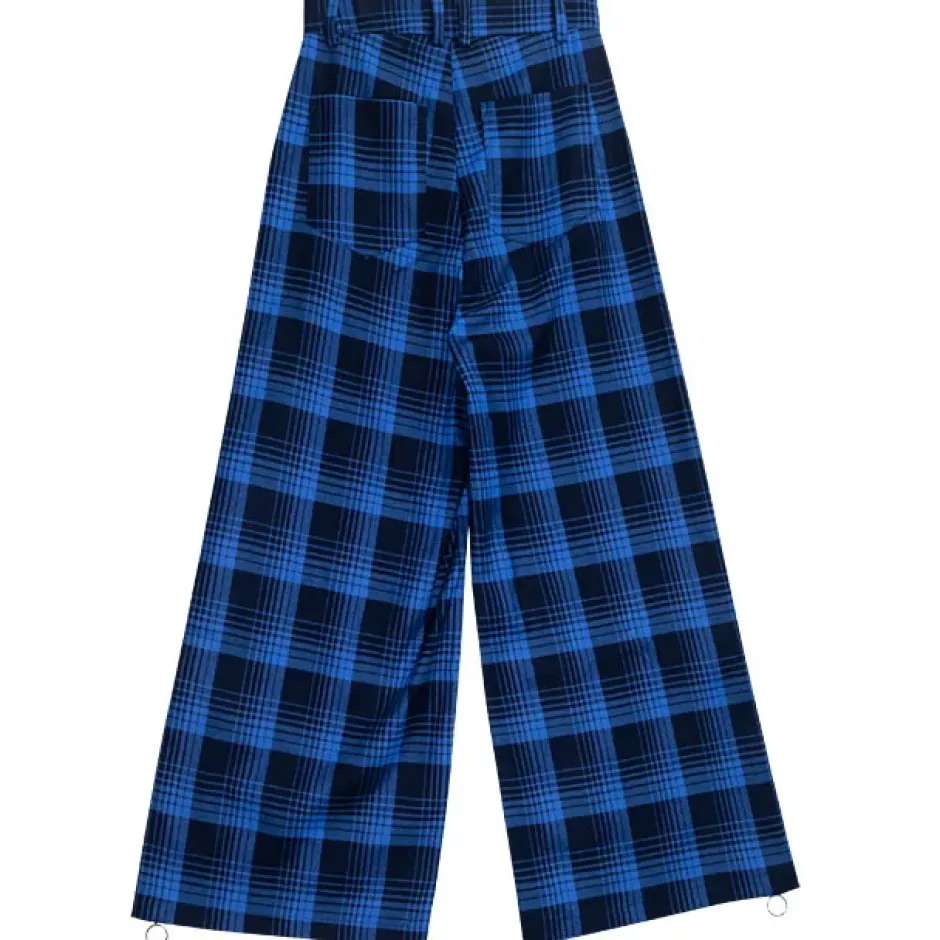 LISTEN FLAVOR Blue Plaid Fire Embroidered Zip Slit Wide Pants Discount