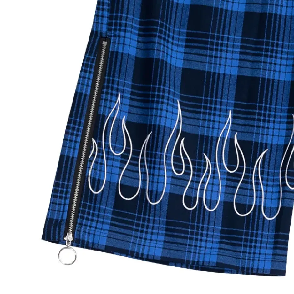 LISTEN FLAVOR Blue Plaid Fire Embroidered Zip Slit Wide Pants Discount