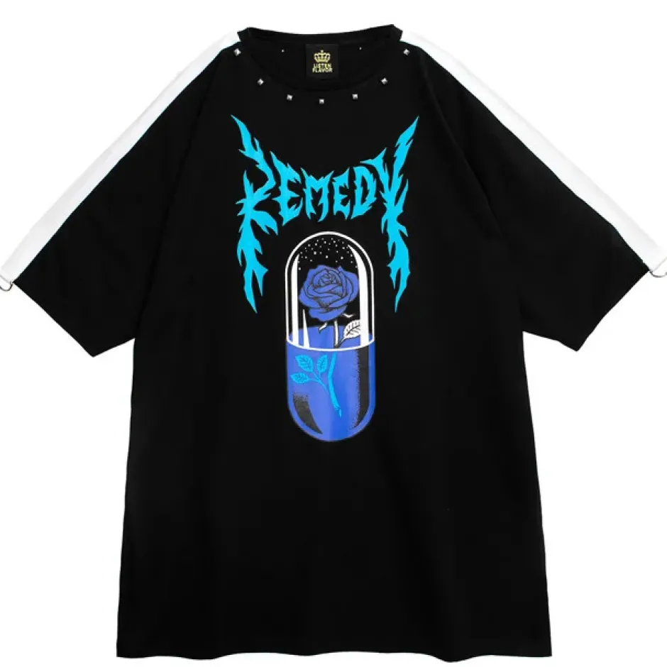 Tops>LISTEN FLAVOR Blue Rose Capsule Sleeve Line Tops Black