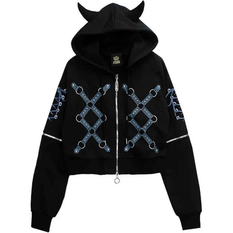 LISTEN FLAVOR Bondage Horn 2-Way Cropped Hoodie Clearance