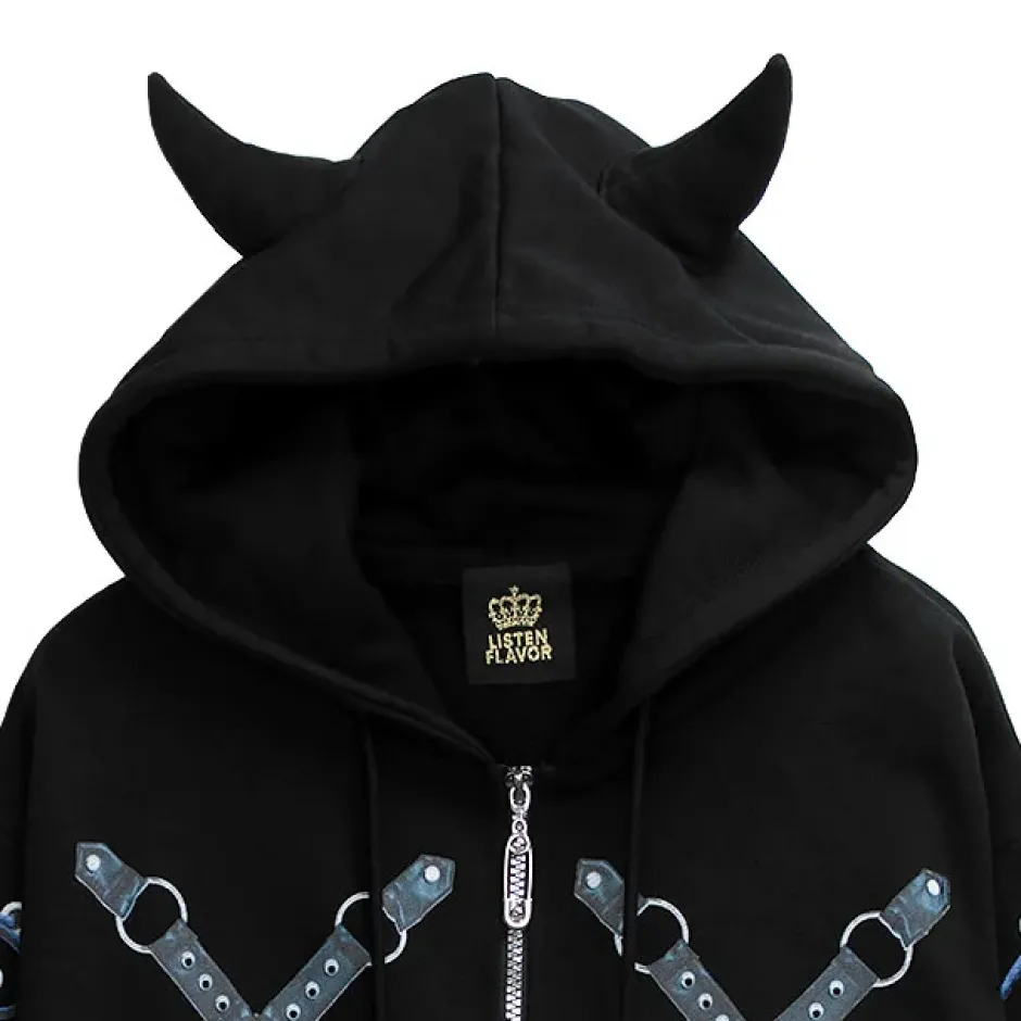 LISTEN FLAVOR Bondage Horn 2-Way Cropped Hoodie Clearance