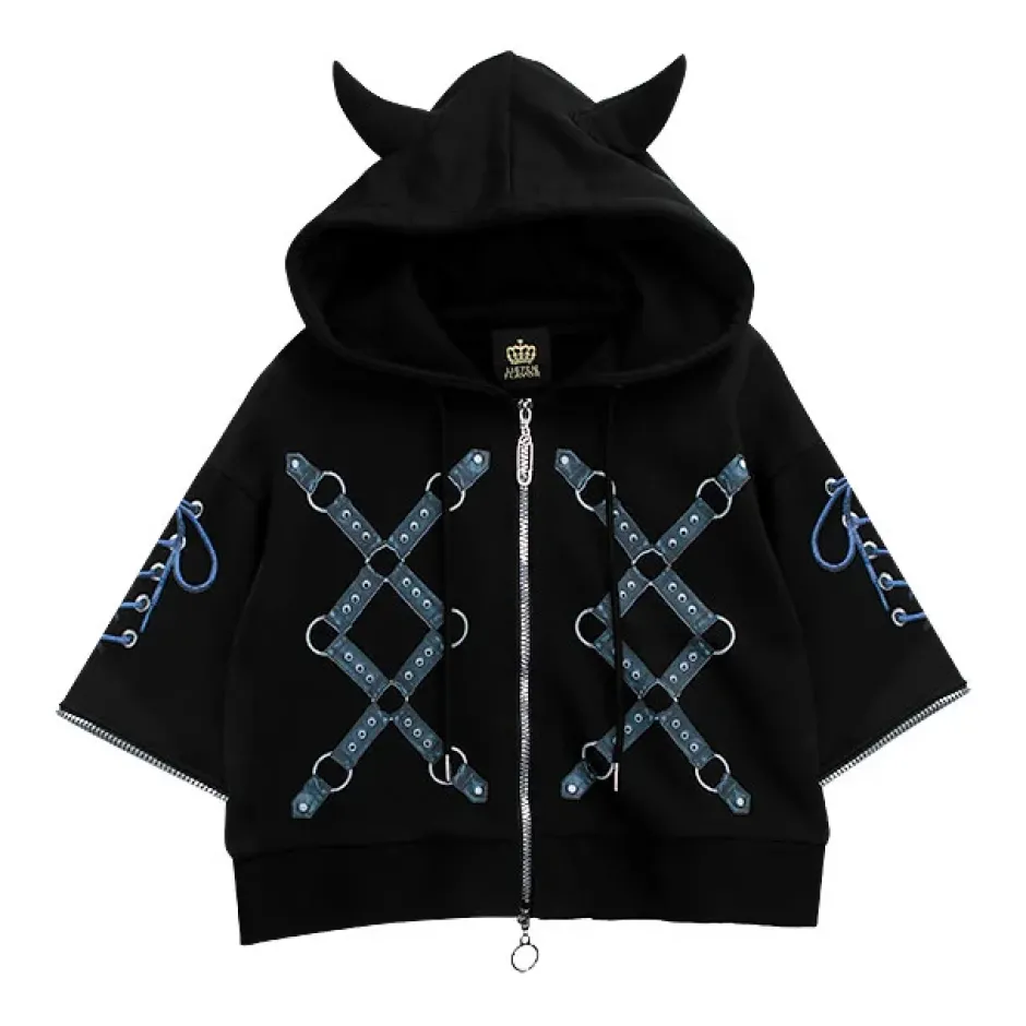 LISTEN FLAVOR Bondage Horn 2-Way Cropped Hoodie Clearance