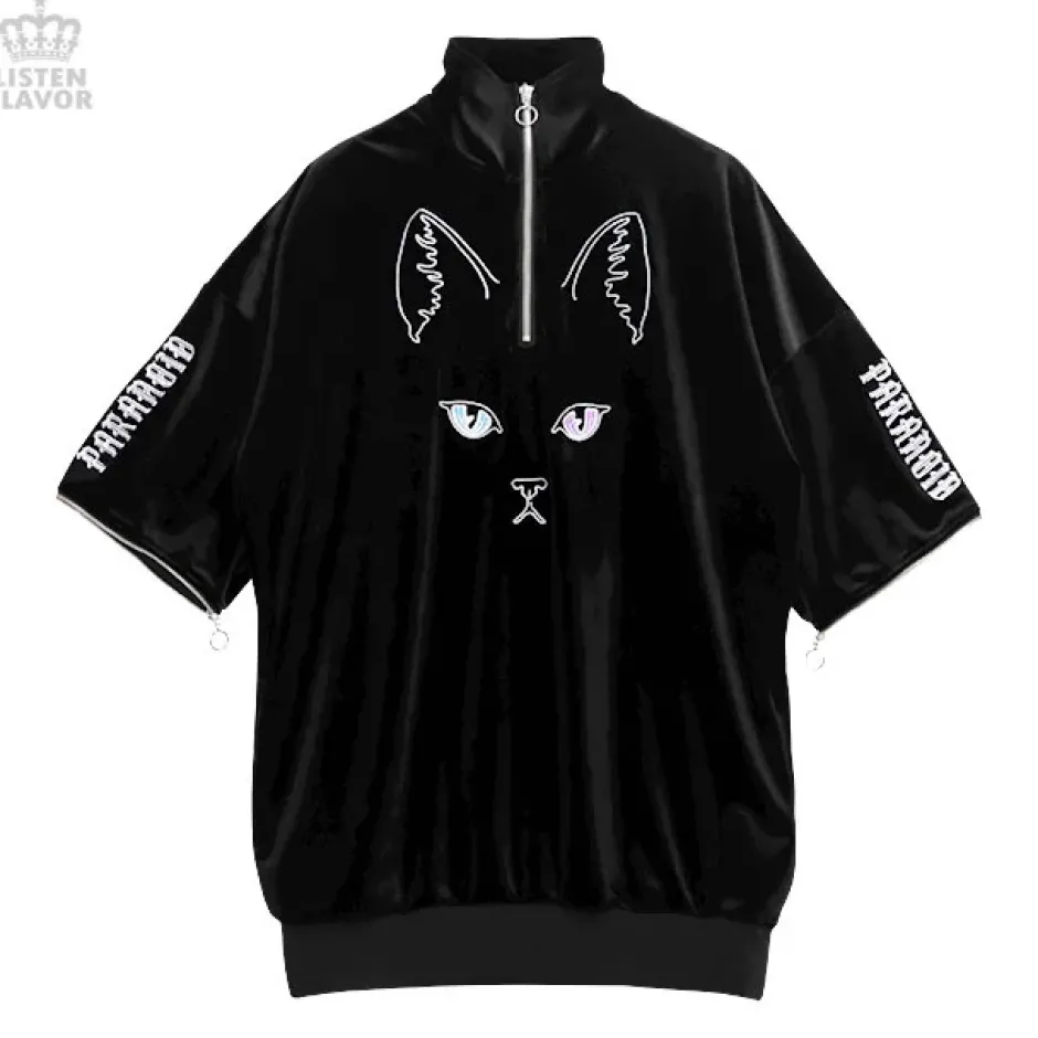 LISTEN FLAVOR Cat Eye Velour Half-Zip Pullover New