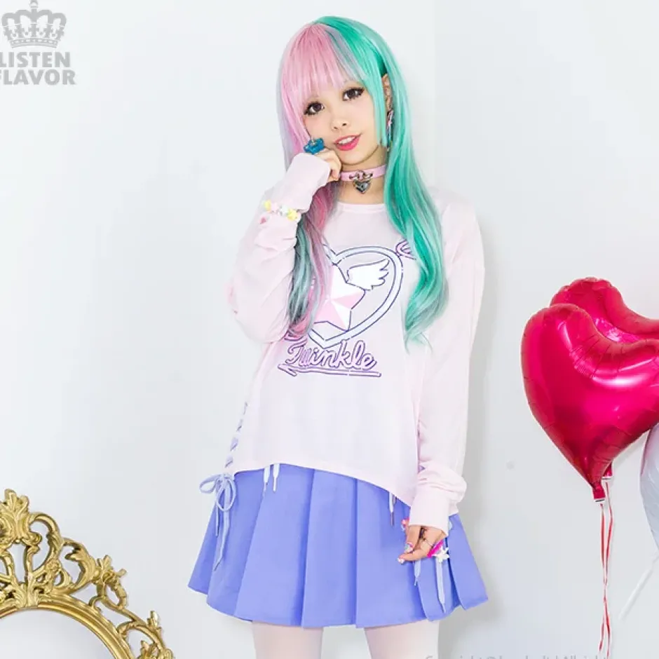 Bottoms>LISTEN FLAVOR Cherry Lace-Up Pleated Skirt