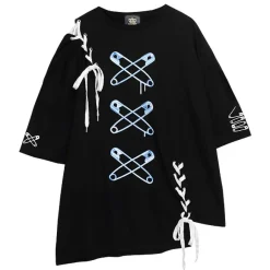 Tops>LISTEN FLAVOR Cross Safety Pin Lace-Up Asymmetrical Top