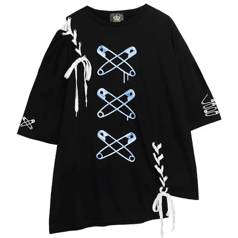 Tops>LISTEN FLAVOR Cross Safety Pin Lace-Up Asymmetrical Top