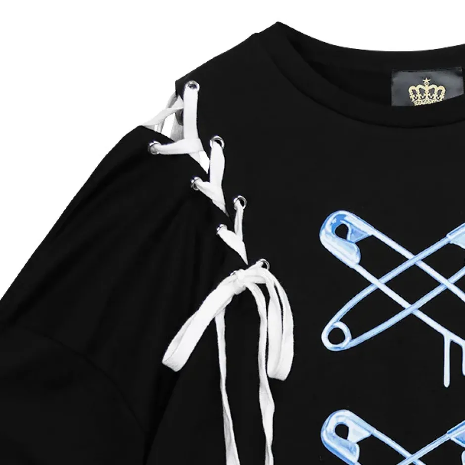 Tops>LISTEN FLAVOR Cross Safety Pin Lace-Up Asymmetrical Top