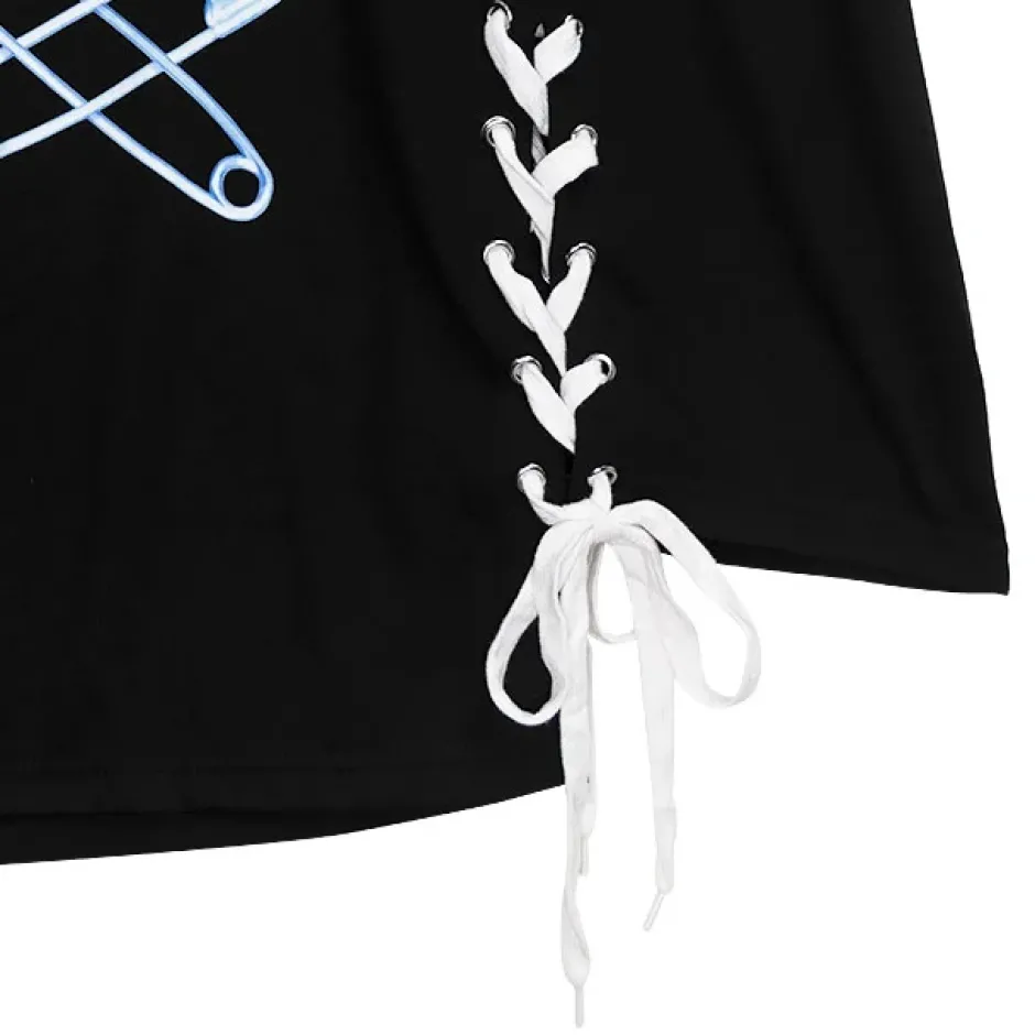 Tops>LISTEN FLAVOR Cross Safety Pin Lace-Up Asymmetrical Top