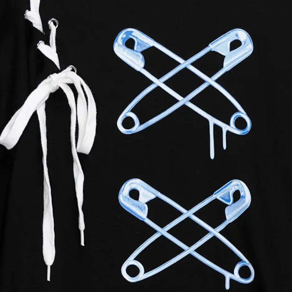 Tops>LISTEN FLAVOR Cross Safety Pin Lace-Up Asymmetrical Top