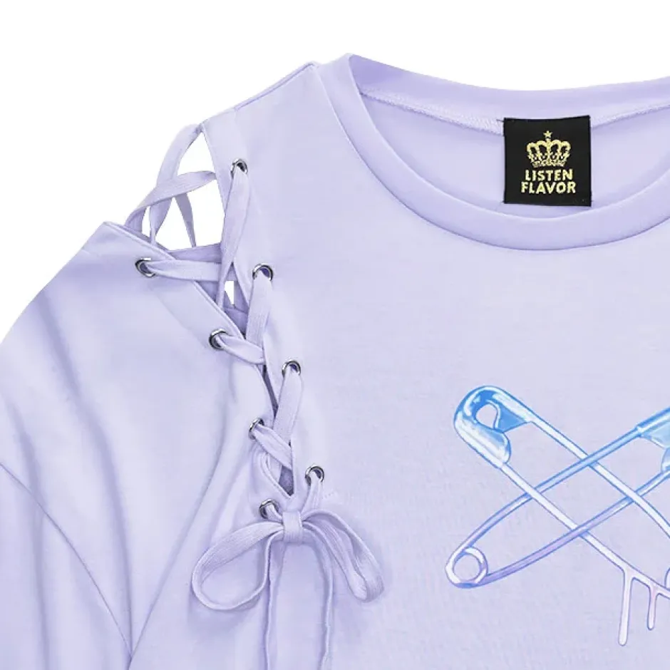 Tops>LISTEN FLAVOR Cross Safety Pin Lace-Up Asymmetrical Top