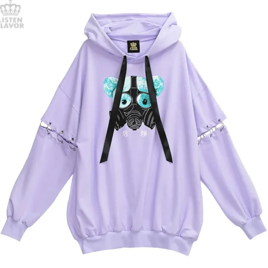 LISTEN FLAVOR Dangerous Gas Mask Bear Ring Sleeve Hoodie
