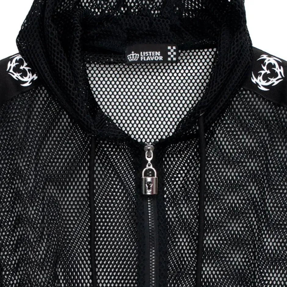 LISTEN FLAVOR Dangerous Heart Sleeve Line Mesh Zip Hoodie Black New