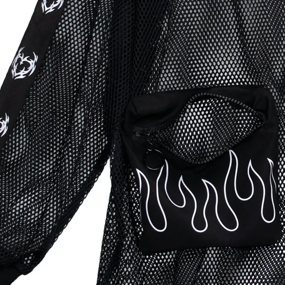 LISTEN FLAVOR Dangerous Heart Sleeve Line Mesh Zip Hoodie Black New