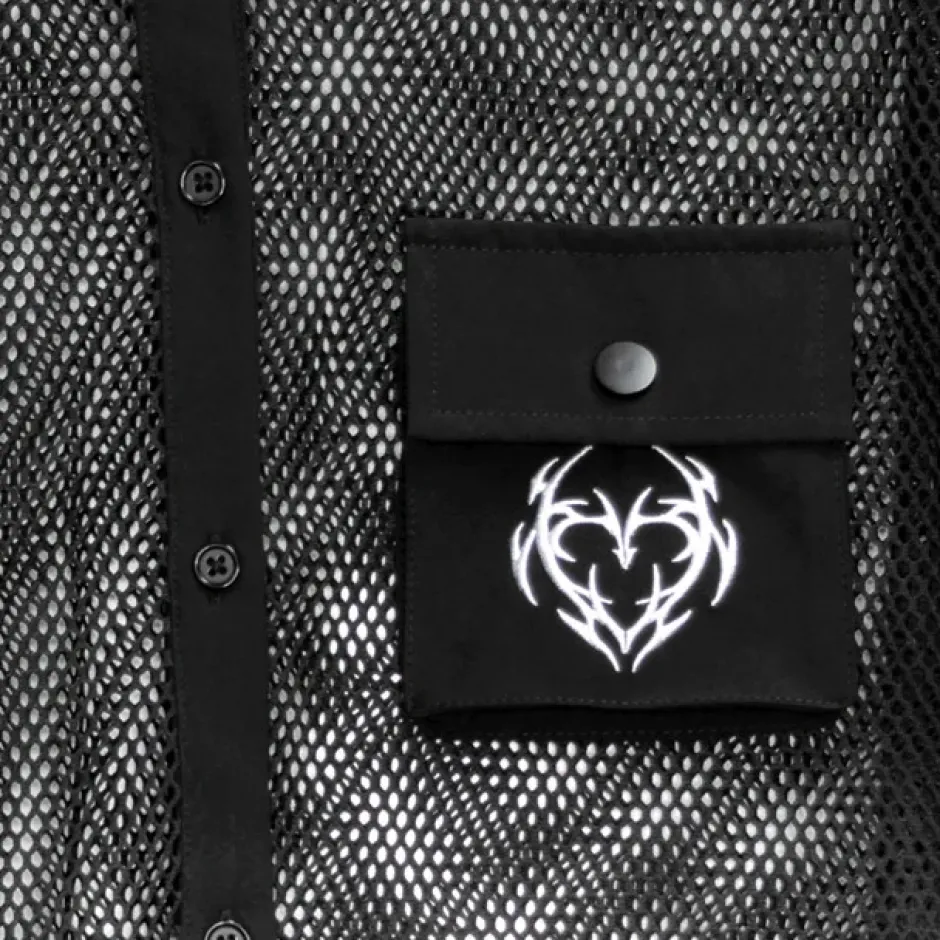 Tops>LISTEN FLAVOR Dark Metal Heart Mesh Shirt Black