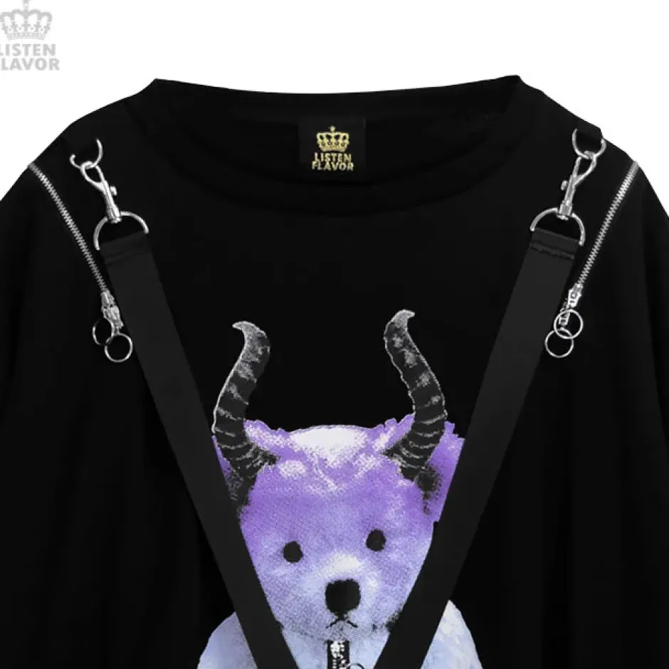 LISTEN FLAVOR Devil Bear Shoulder Zip Big Pullover w/ Straps Sale