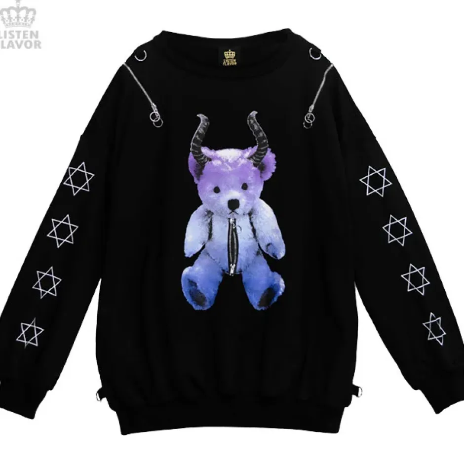 LISTEN FLAVOR Devil Bear Shoulder Zip Big Pullover w/ Straps Sale
