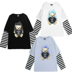 LISTEN FLAVOR Fire Heart Bear Layered-Style Long Sleeve T-Shirt Online