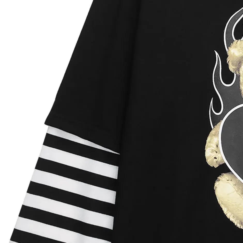 LISTEN FLAVOR Fire Heart Bear Layered-Style Long Sleeve T-Shirt Online