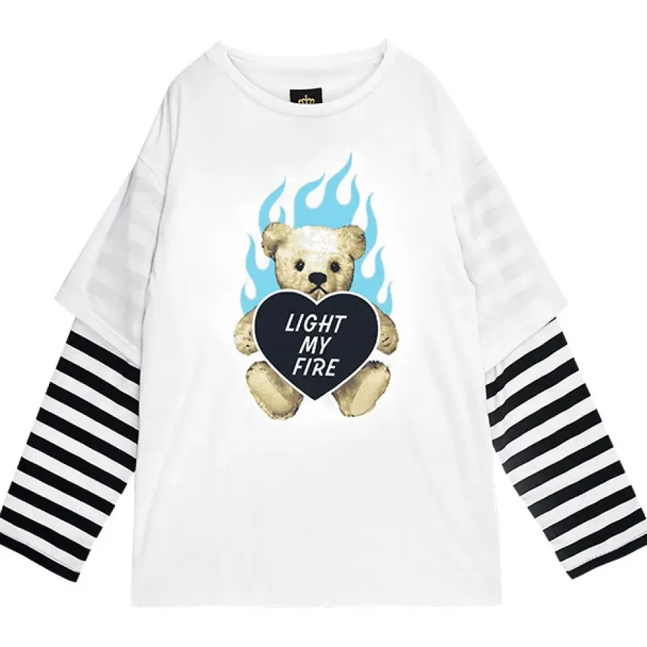 LISTEN FLAVOR Fire Heart Bear Layered-Style Long Sleeve T-Shirt Online