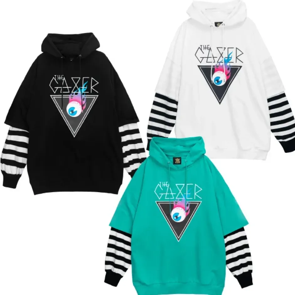 Jackets & Hoodies>LISTEN FLAVOR Flame Eye Layered-Style Hoodie