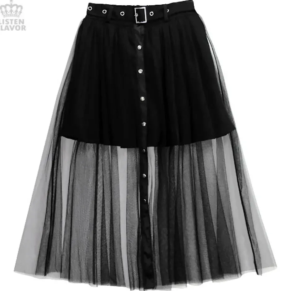 LISTEN FLAVOR Front Snap Tulle Long Skirt Online