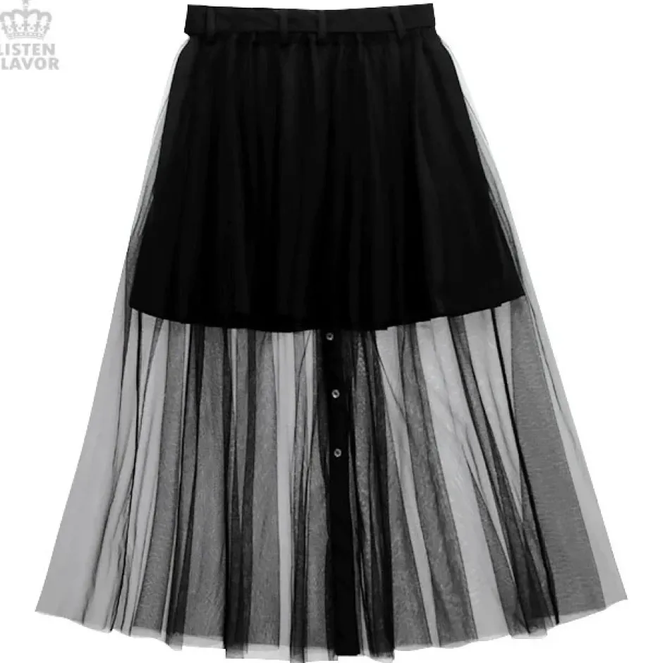 LISTEN FLAVOR Front Snap Tulle Long Skirt Online