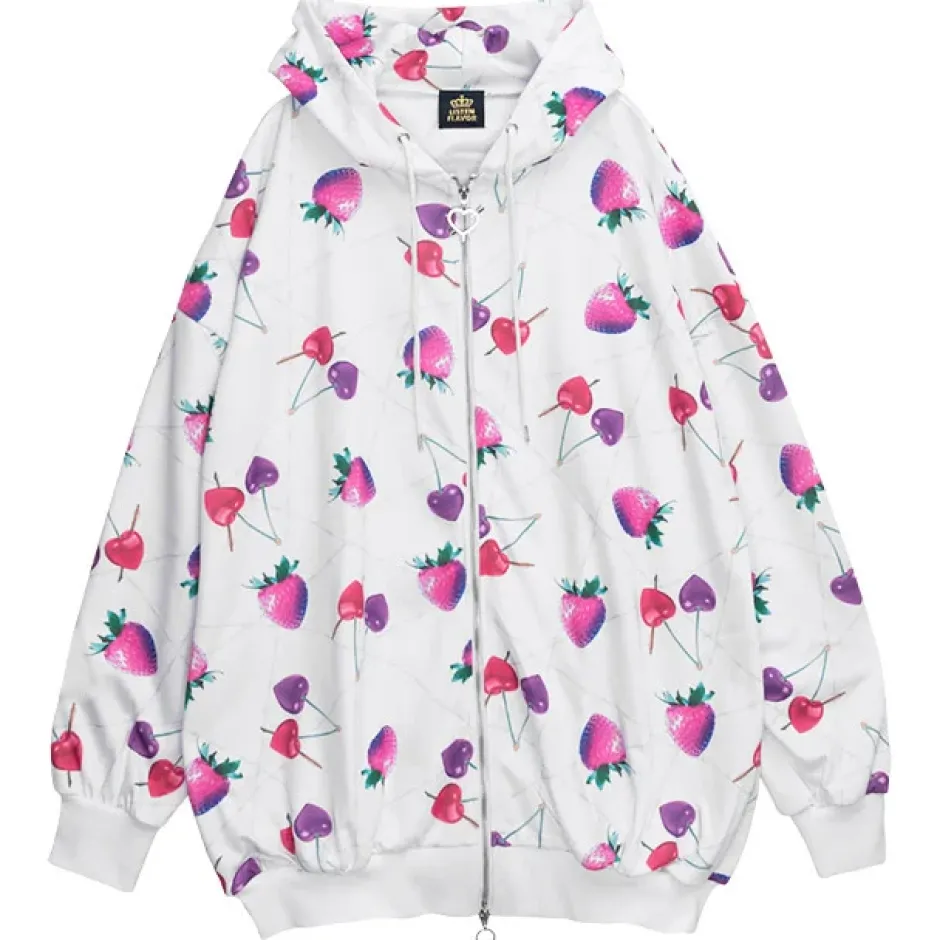 LISTEN FLAVOR Heart Cherry & Dangerous Strawberry Zip Hoodie New