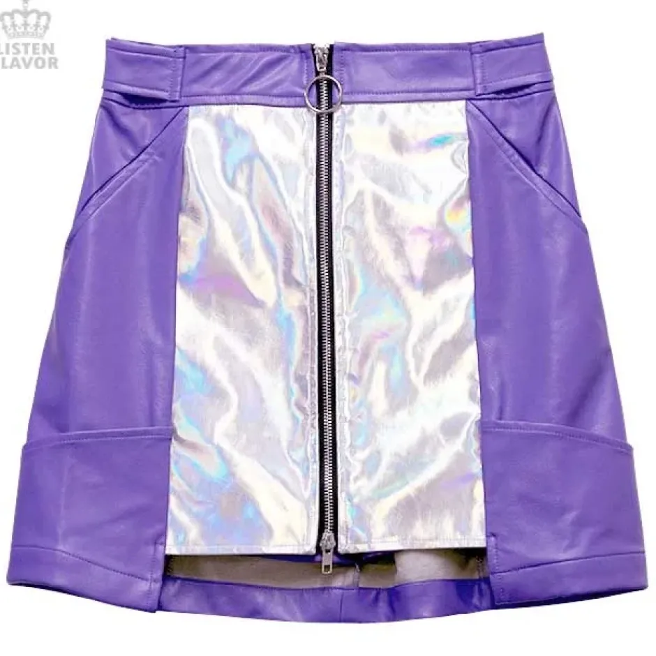 LISTEN FLAVOR Holographic Faux Leather Trapezoid Skirt Sale