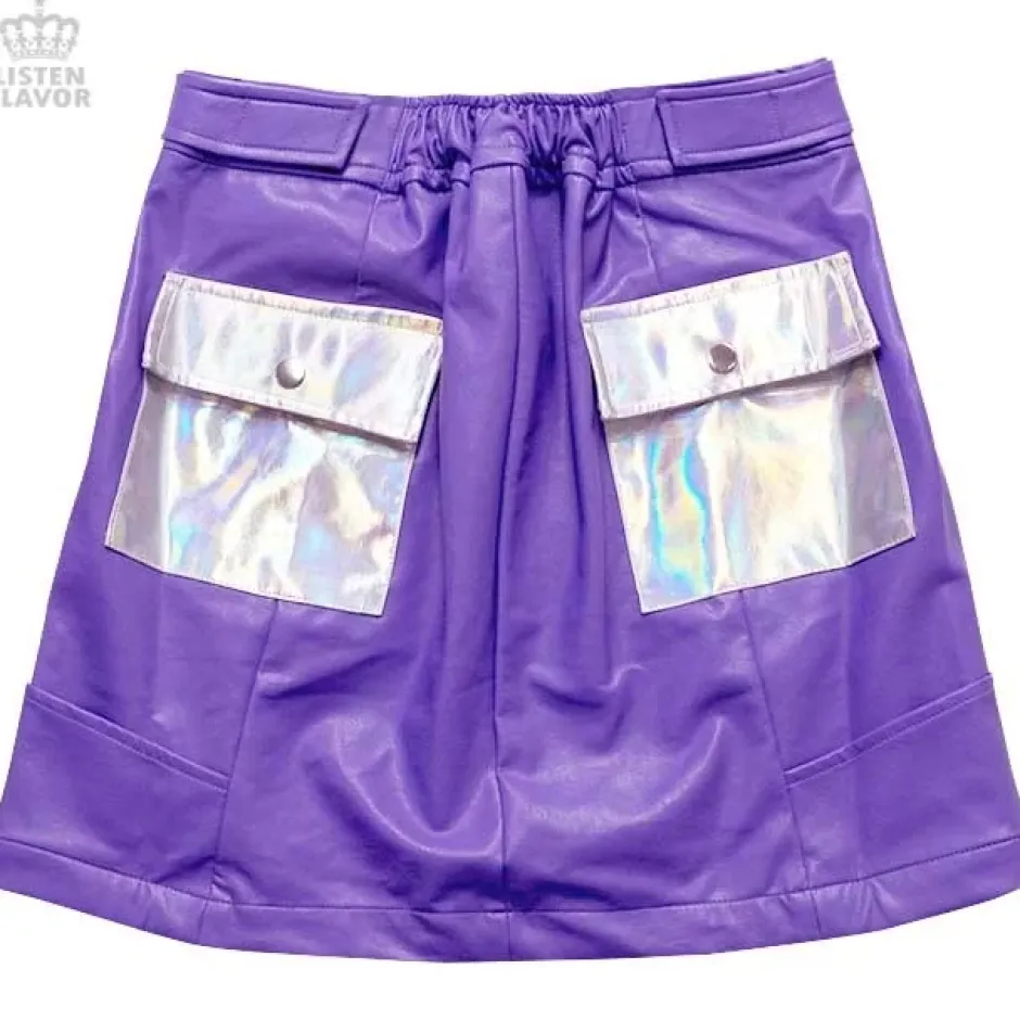 LISTEN FLAVOR Holographic Faux Leather Trapezoid Skirt Sale