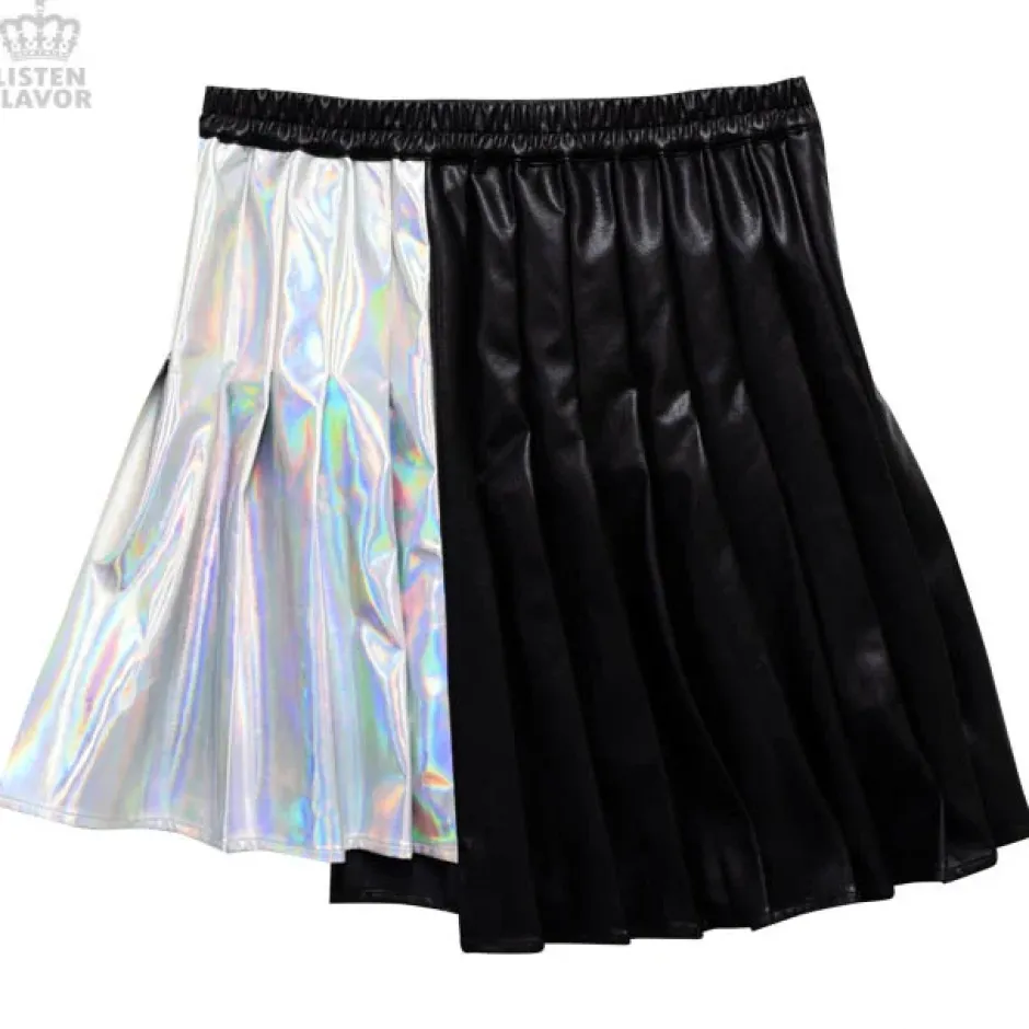 Bottoms>LISTEN FLAVOR Holographic Two-Tone Pleated Skirt