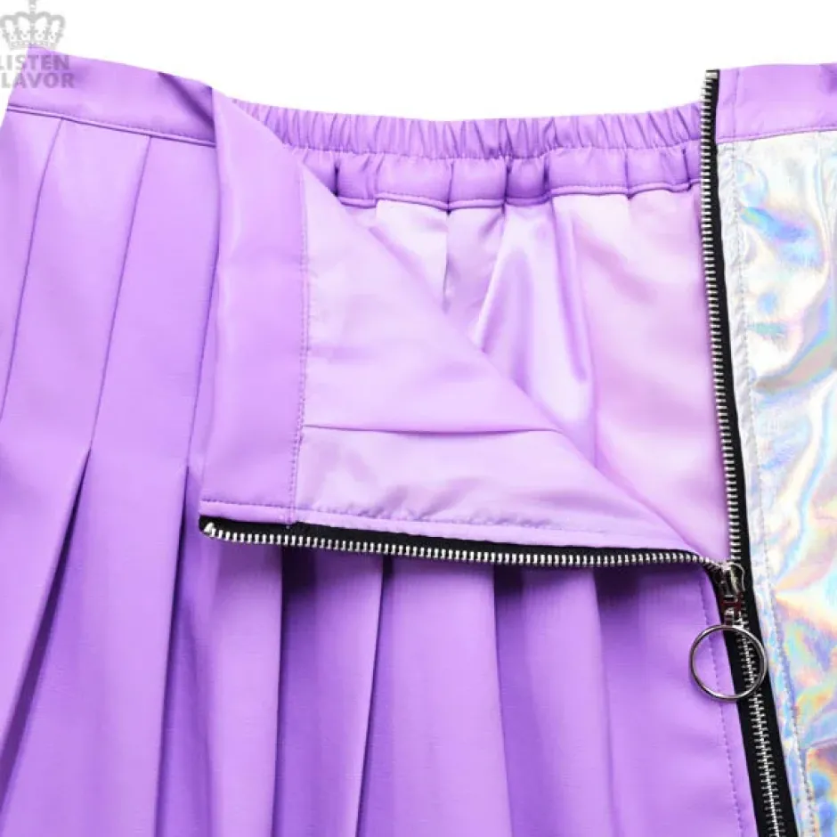 Bottoms>LISTEN FLAVOR Holographic Two-Tone Pleated Skirt