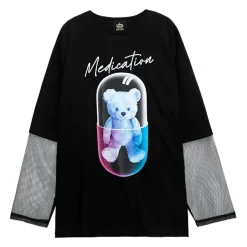 Tops>LISTEN FLAVOR Medication Bear Sheer Switching Top