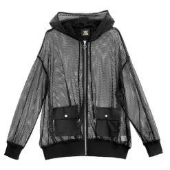 Jackets & Hoodies>LISTEN FLAVOR Mesh See-Though Zip Hoodie