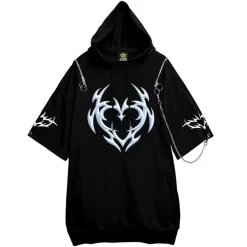 Jackets & Hoodies>LISTEN FLAVOR Metal Heart Shoulder Zip Chain Short Sleeve Hoodie