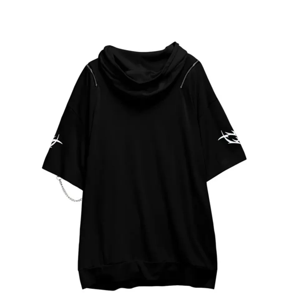 Jackets & Hoodies>LISTEN FLAVOR Metal Heart Shoulder Zip Chain Short Sleeve Hoodie