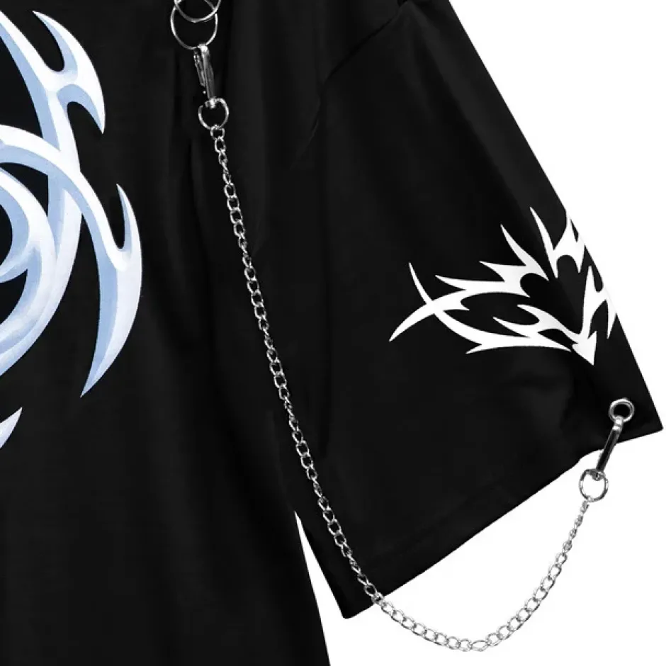 Jackets & Hoodies>LISTEN FLAVOR Metal Heart Shoulder Zip Chain Short Sleeve Hoodie