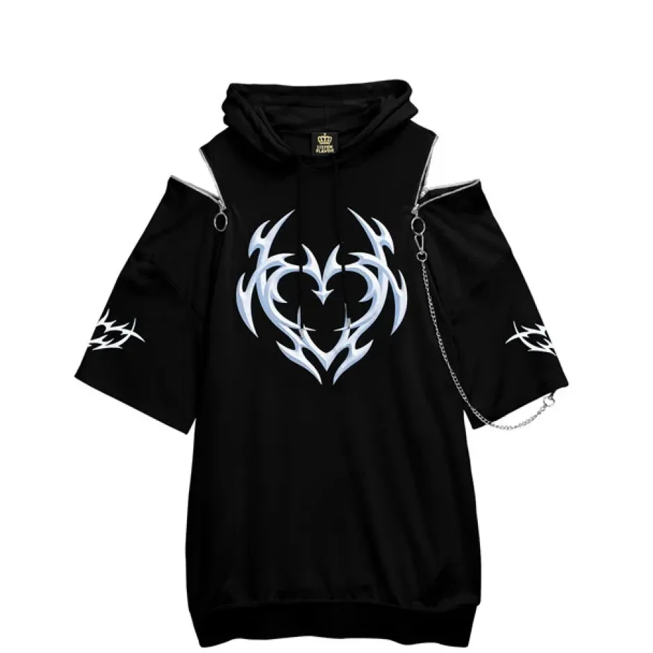 Jackets & Hoodies>LISTEN FLAVOR Metal Heart Shoulder Zip Chain Short Sleeve Hoodie