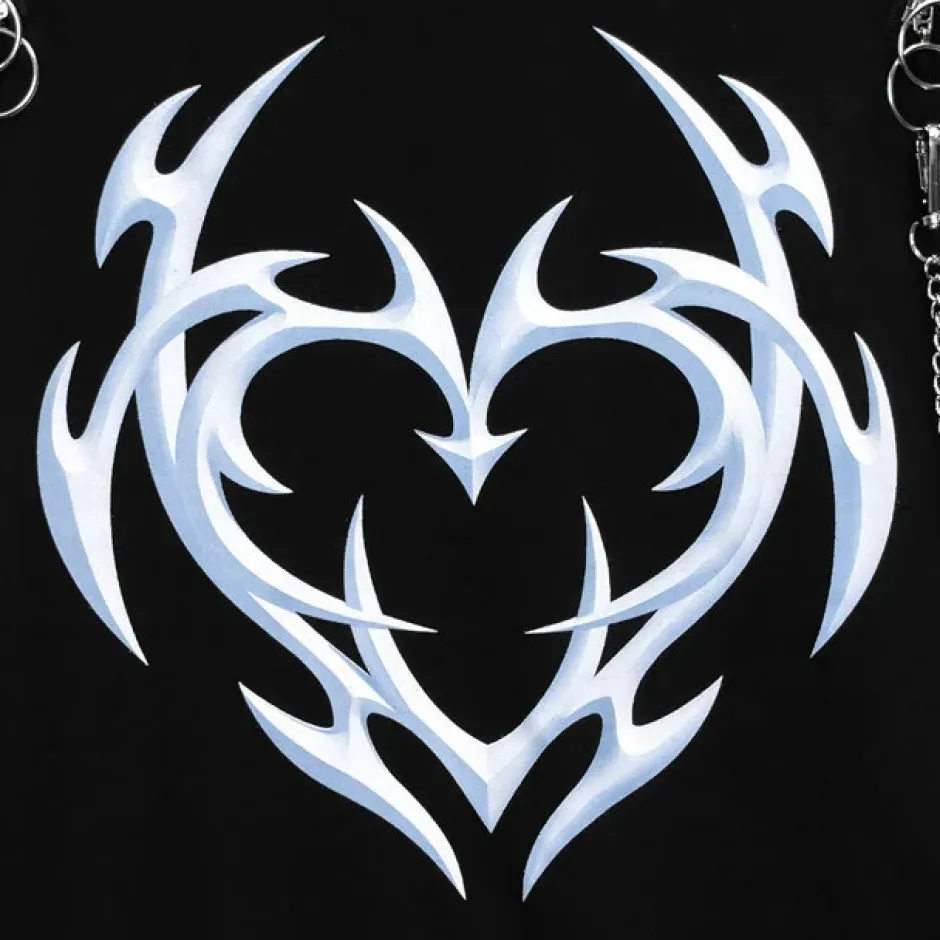Jackets & Hoodies>LISTEN FLAVOR Metal Heart Shoulder Zip Chain Short Sleeve Hoodie