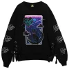 Jackets & Hoodies>LISTEN FLAVOR Moonlit Night Black Cat Lace-Up Pullover