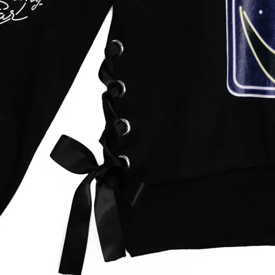 Jackets & Hoodies>LISTEN FLAVOR Moonlit Night Black Cat Lace-Up Pullover