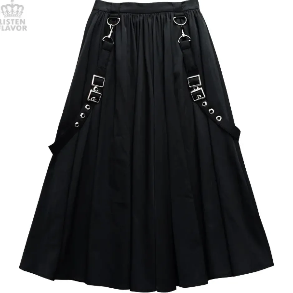 Bottoms>LISTEN FLAVOR Pleated Maxi Skirt w/ Shoulder Straps