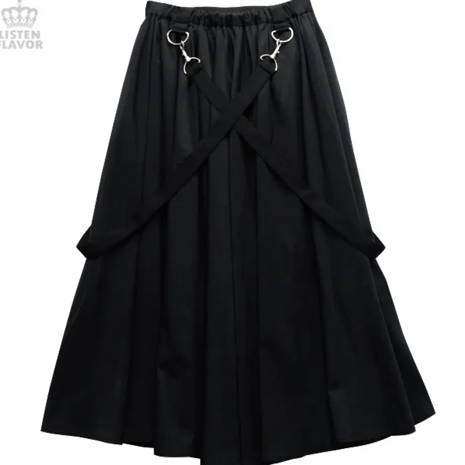 Bottoms>LISTEN FLAVOR Pleated Maxi Skirt w/ Shoulder Straps