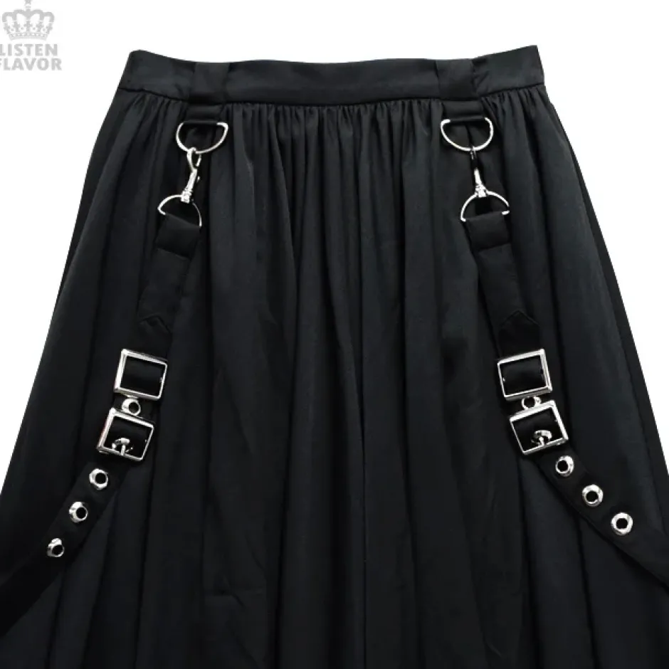 Bottoms>LISTEN FLAVOR Pleated Maxi Skirt w/ Shoulder Straps