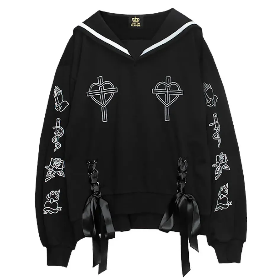Tops>LISTEN FLAVOR Prayer Lace-Up Sailor Top