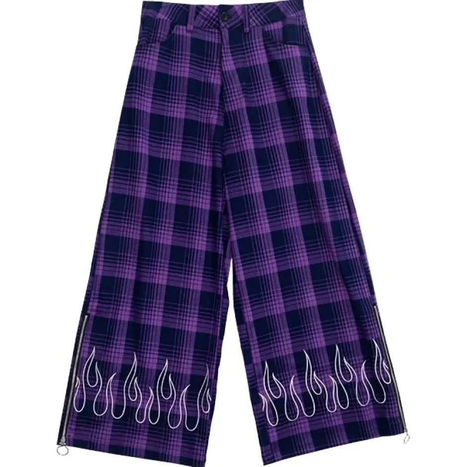LISTEN FLAVOR Purple Plaid Fire Embroidered Zip Slit Wide Pants Best