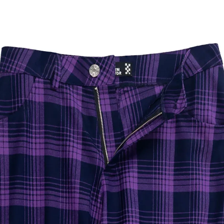 LISTEN FLAVOR Purple Plaid Fire Embroidered Zip Slit Wide Pants Best